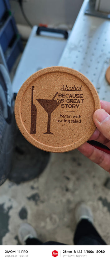 “Because No Great Story Started with a Salad” Cork Coaster Set (4-Pack)