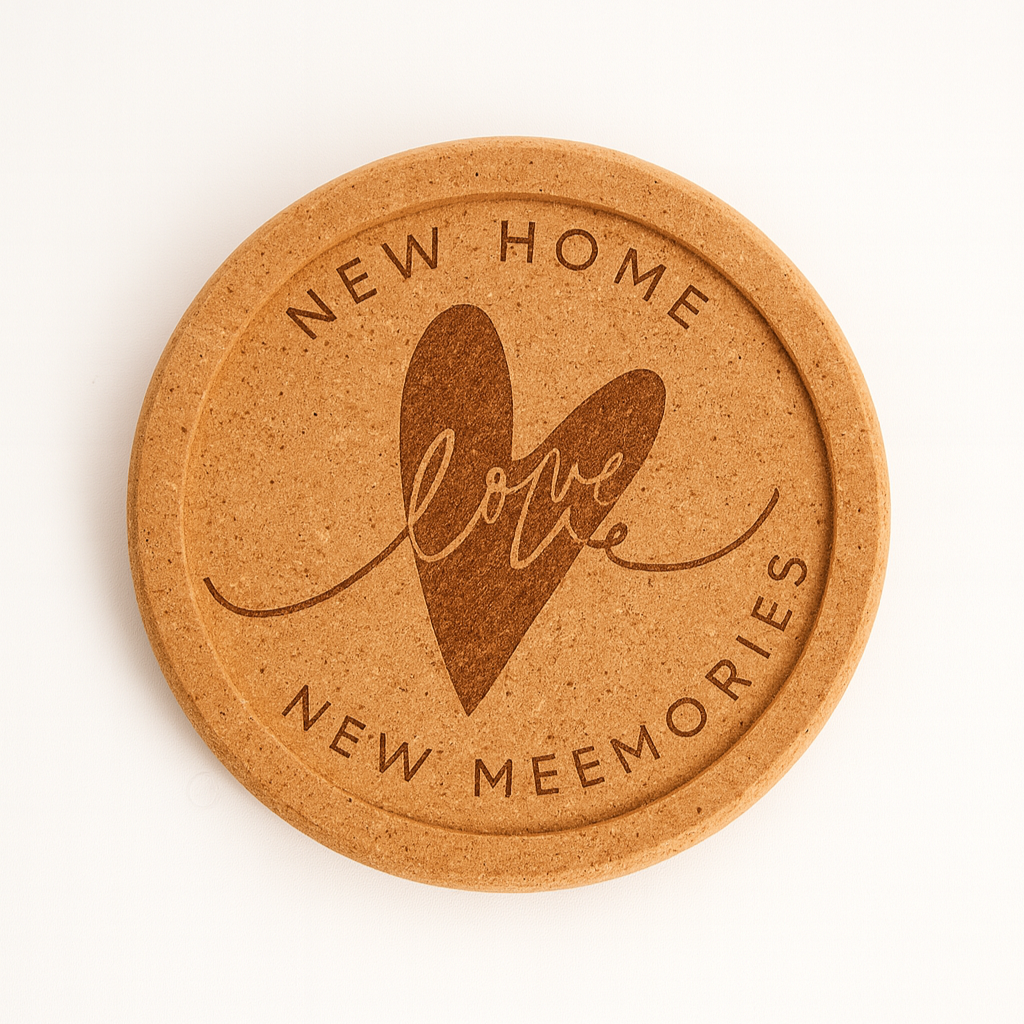 “New Home, New Memories, Same Love” Cork Coaster Set (4-Pack)