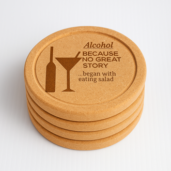 “Because No Great Story Started with a Salad” Cork Coaster Set (4-Pack)