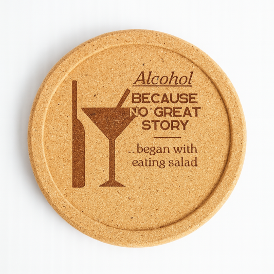 “Because No Great Story Started with a Salad” Cork Coaster Set (4-Pack)