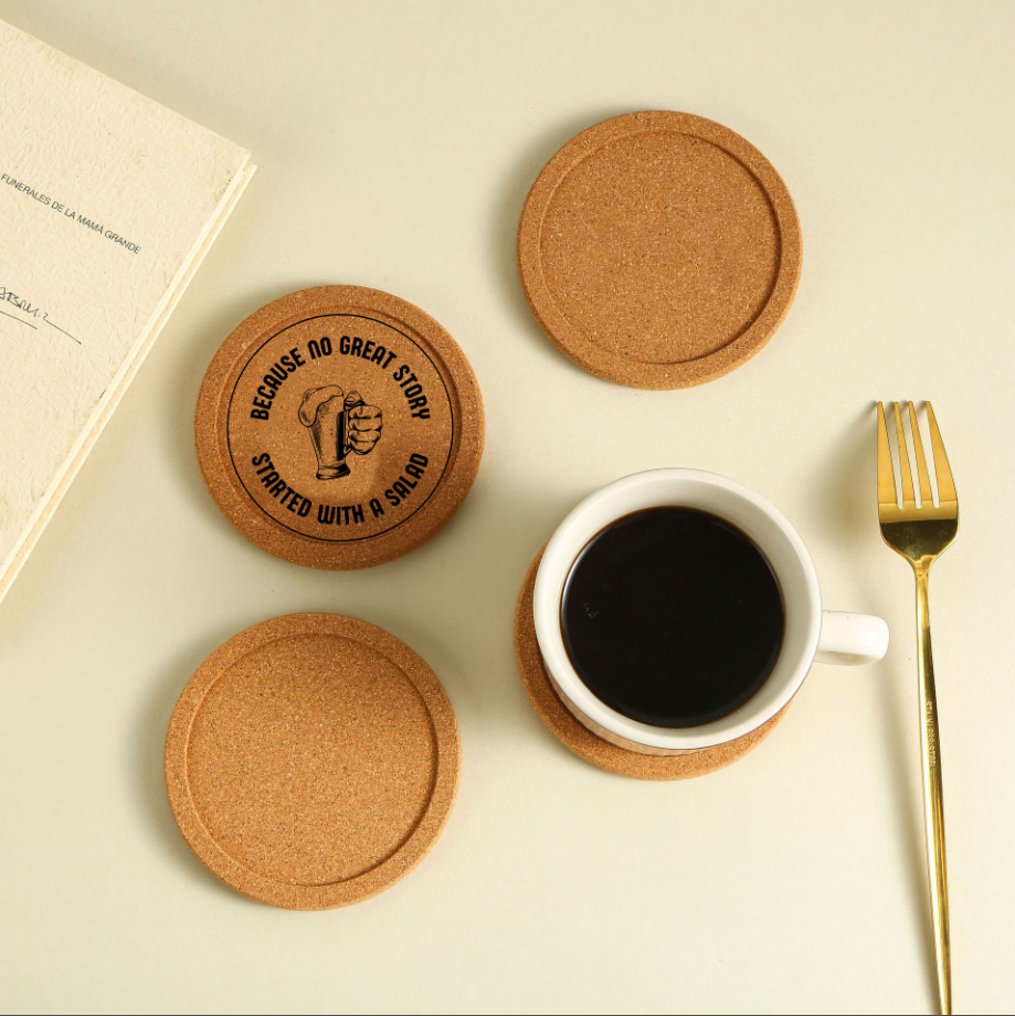“Alcohol! Because No Great Story Started with Eating Salad” Cork Coaster Set (4-Pack)